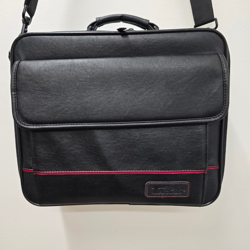 Targus Black Faux Leather Laptop Messenger Bag Briefcase with Red Accent Stripe